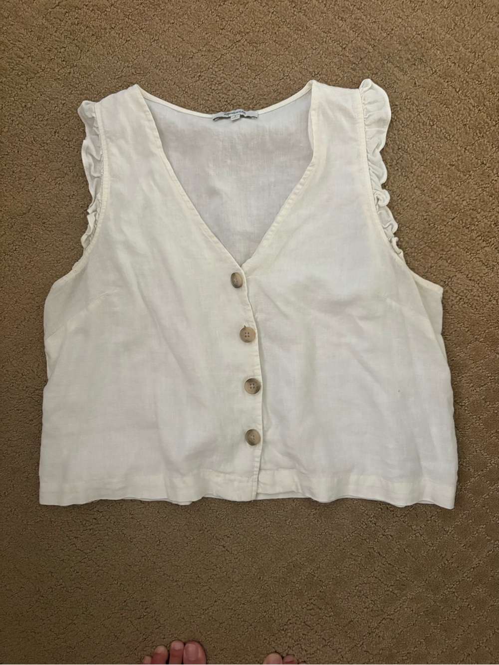 Madewell Cream Button-Front Linen Tank with Ruffle Trim